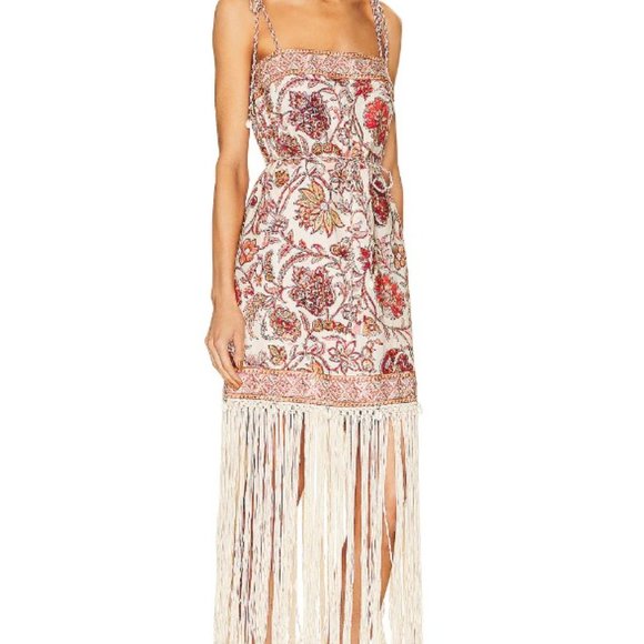 NWT ZIMMERMAN VITALI RED AND CREAM LINEN FLORAL FRINGE DRESS RESORT SIZE 0 XS - Picture 5 of 10